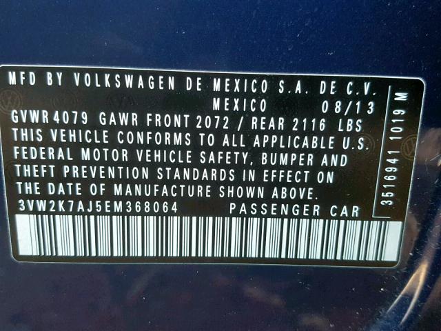 3VW2K7AJ5EM368064 - 2014 VOLKSWAGEN JETTA BASE BLUE photo 10
