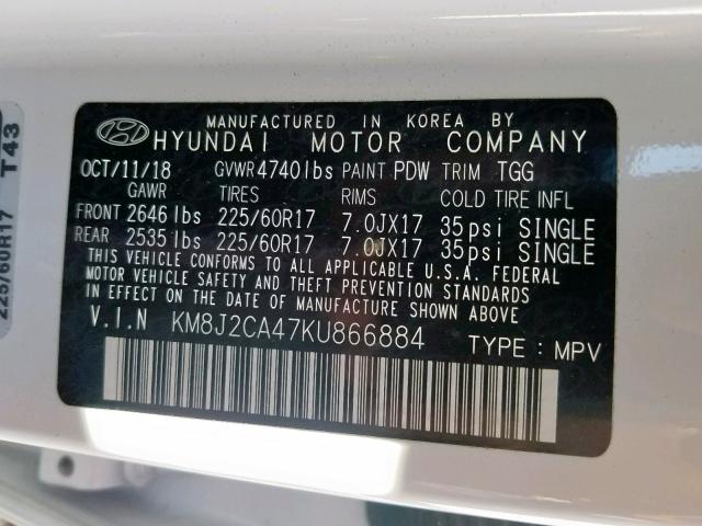 KM8J2CA47KU866884 - 2019 HYUNDAI TUCSON SE WHITE photo 10