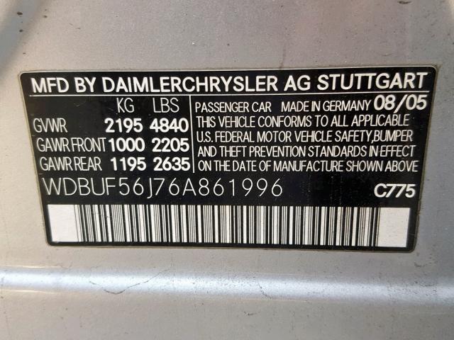 WDBUF56J76A861996 - 2006 MERCEDES-BENZ E 350 SILVER photo 10