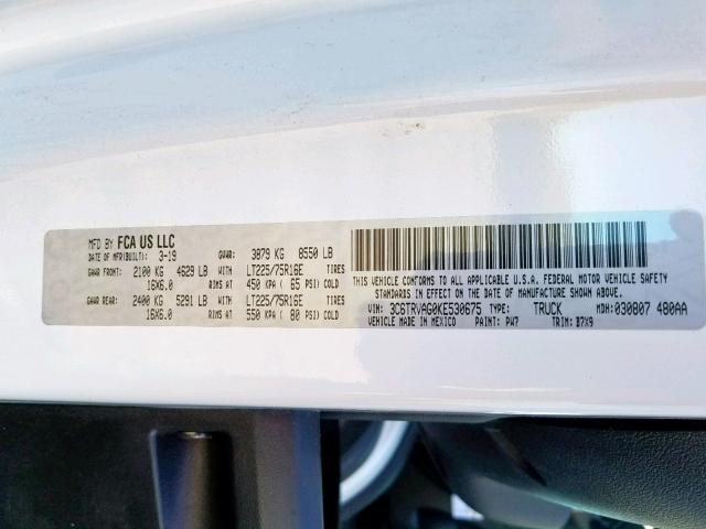 3C6TRVAG0KE530675 - 2019 RAM PROMASTER 白色 照片 10