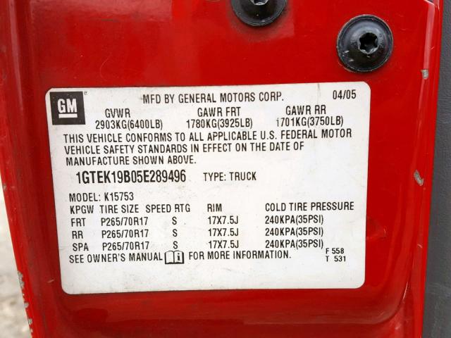 1GTEK19B05E289496 - 2005 GMC NEW SIERRA RED photo 10