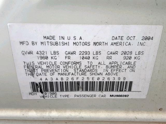 4A3AB26F25E026399 - 2005 MITSUBISHI GALANT DE WHITE photo 10