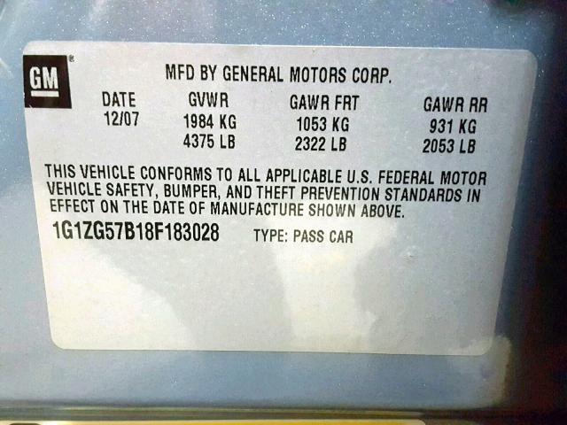 1G1ZG57B18F183028 - 2008 CHEVROLET MALIBU LS Mavi foto 10