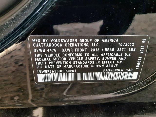 1VWBP7A33DC059261 - 2013 VOLKSWAGEN PASSAT SE BLACK photo 10