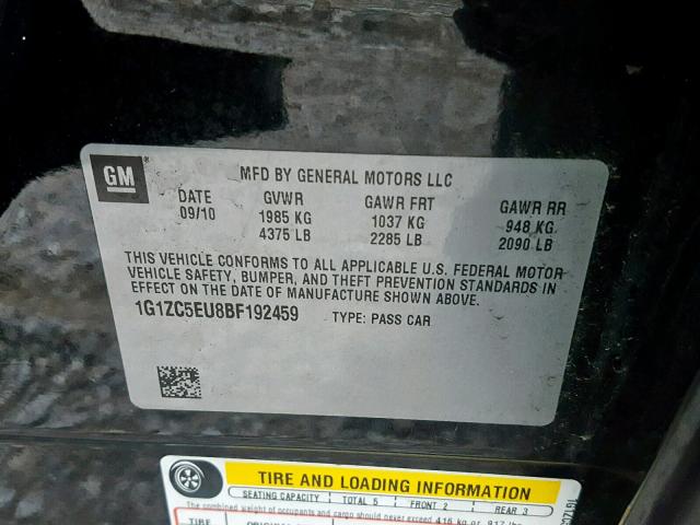 1G1ZC5EU8BF192459 - 2011 CHEVROLET MALIBU 1LT BLACK photo 10