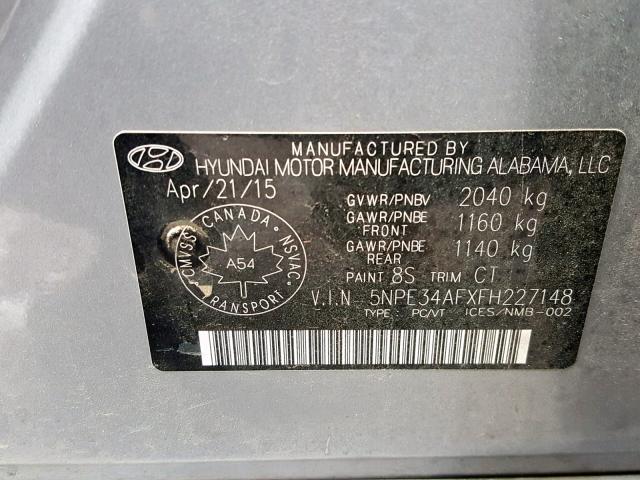 5NPE34AFXFH227148 - 2015 HYUNDAI SONATA SPO GRAY photo 10