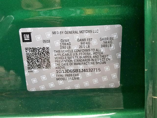 1G1JD6SB1J4132715 - 2018 CHEVROLET SONIC LT GREEN photo 10