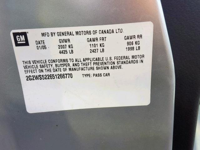 2G2WS522651266770 - 2005 PONTIAC GRAND PRIX SILVER photo 10