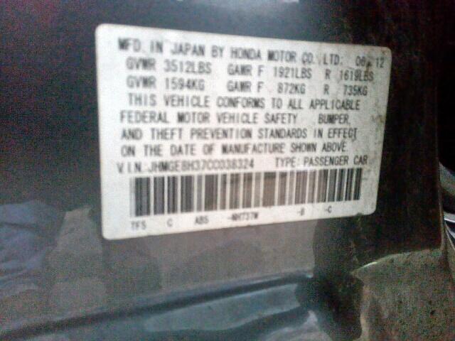 JHMGE8H37CC038324 - 2012 HONDA FIT GRAY photo 10