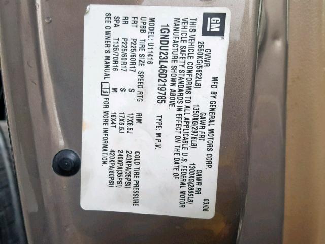 1GNDU23L46D219785 - 2006 CHEVROLET UPLANDER L Qəhvəyi foto 10