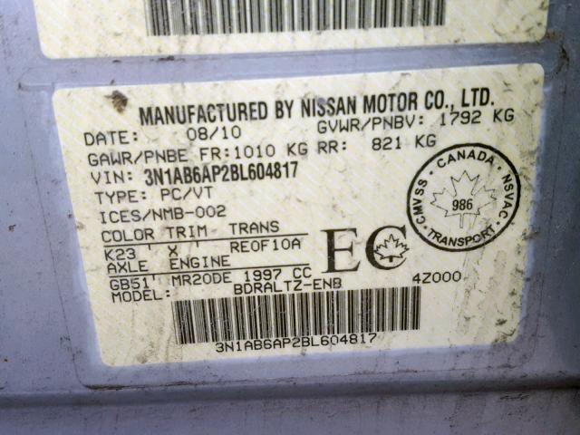 3N1AB6AP2BL604817 - 2011 NISSAN SENTRA 2.0 SILVER photo 10