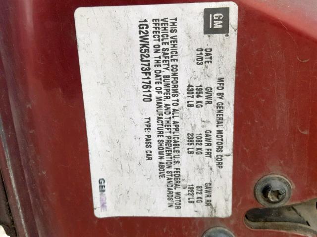 1G2WK52J73F176170 - 2003 PONTIAC GRAND PRIX მუქწითელი ფოტო 10