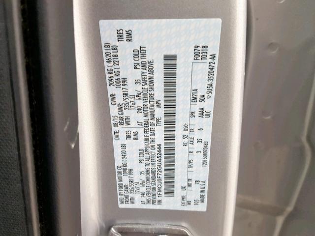 1FMCU0F72GUA52444 - 2016 FORD ESCAPE S SILVER photo 10