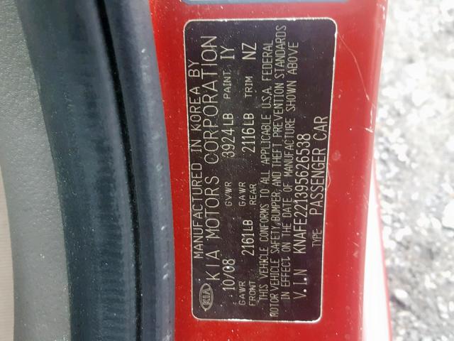 KNAFE221395626538 - 2009 KIA SPECTRA EX RED photo 10