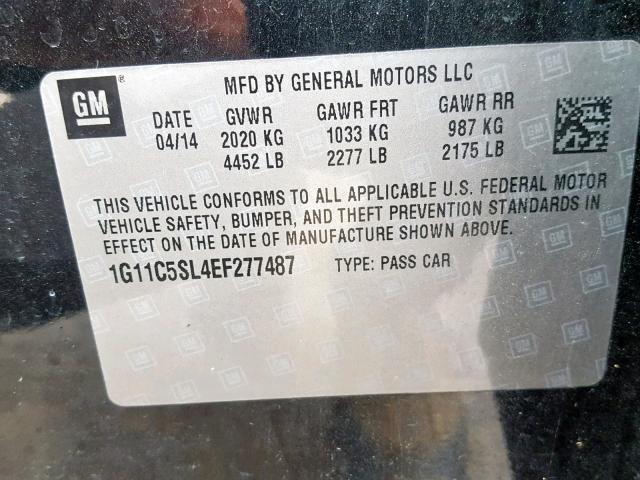 1G11C5SL4EF277487 - 2014 CHEVROLET MALIBU 1LT BLACK photo 10