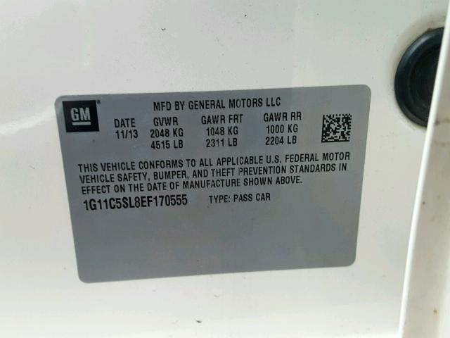 1G11C5SL8EF170555 - 2014 CHEVROLET MALIBU 1LT WHITE photo 10