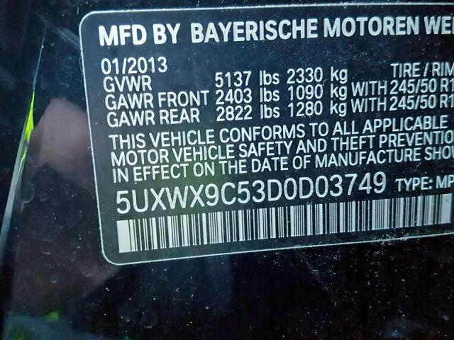 5UXWX9C53D0D03749 - 2013 BMW X3 XDRIVE2 BLACK photo 10