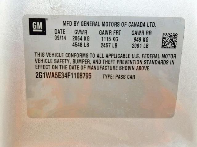 2G1WA5E34F1108795 - 2015 CHEVROLET IMPALA LIM SILVER photo 10