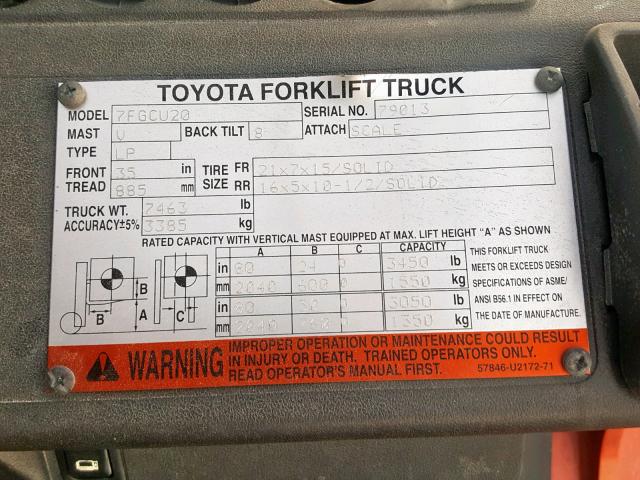 79013 - 2001 TOYOTA FORKLIFT ORANGE photo 10