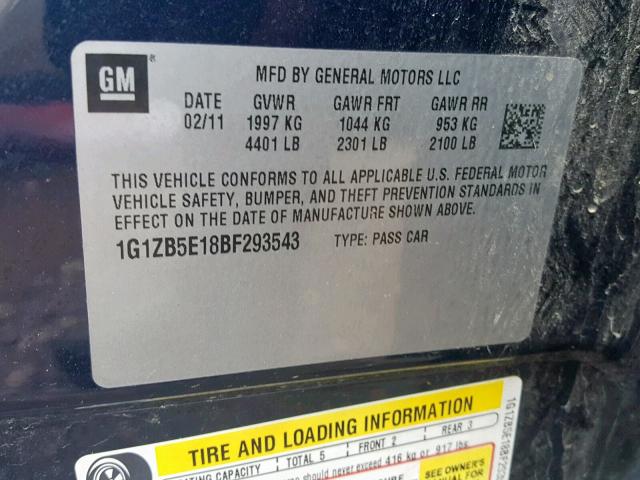 1G1ZB5E18BF293543 - 2011 CHEVROLET MALIBU LS ლურჯი ფოტო 10