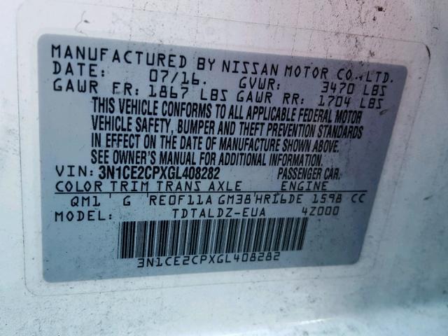 3N1CE2CPXGL408282 - 2016 NISSAN VERSA NOTE WHITE photo 10