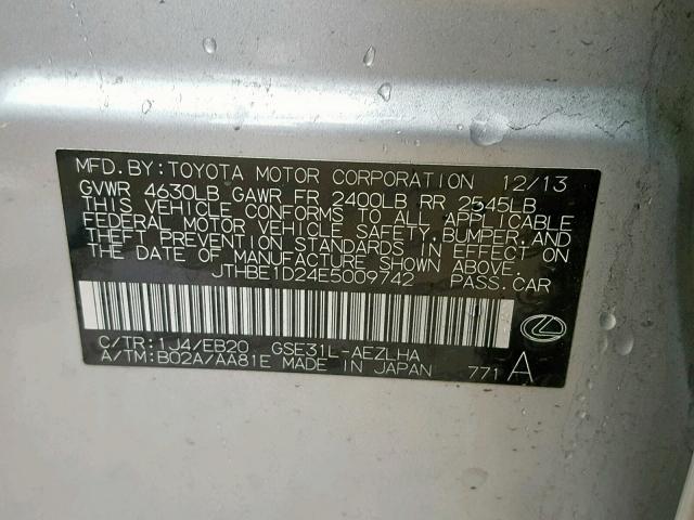 JTHBE1D24E5009742 - 2014 LEXUS IS 350 SILVER photo 10