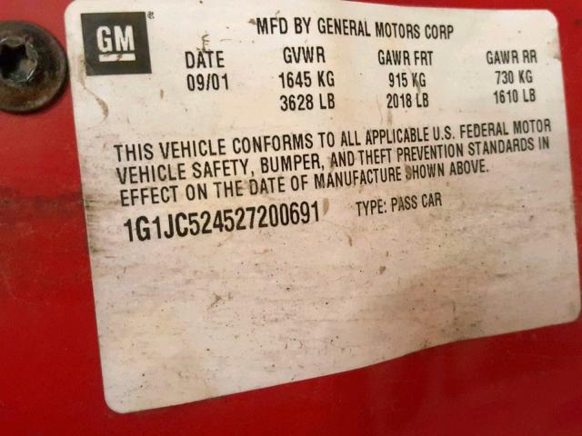 1G1JC524527200691 - 2002 CHEVROLET CAVALIER B RED photo 10