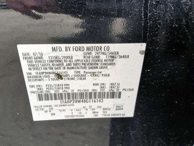 1FAHP2HW4BG116143 - 2011 FORD TAURUS SEL BLACK photo 10