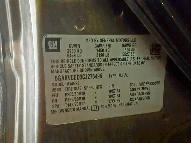 5GAKVCED3CJ275496 - 2012 BUICK ENCLAVE GRAY photo 10