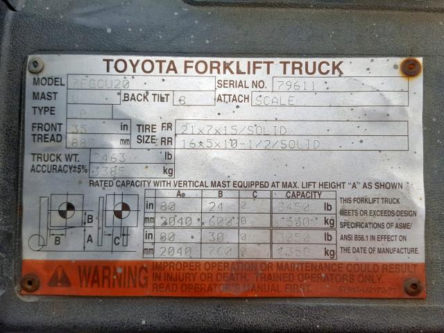 79611 - 2003 TOYOTA FORKLIFT ORANGE photo 10