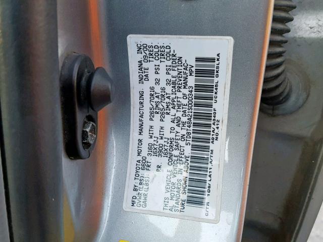 5TDBT48A21S000343 - 2001 TOYOTA SEQUOIA LI GRAY photo 10