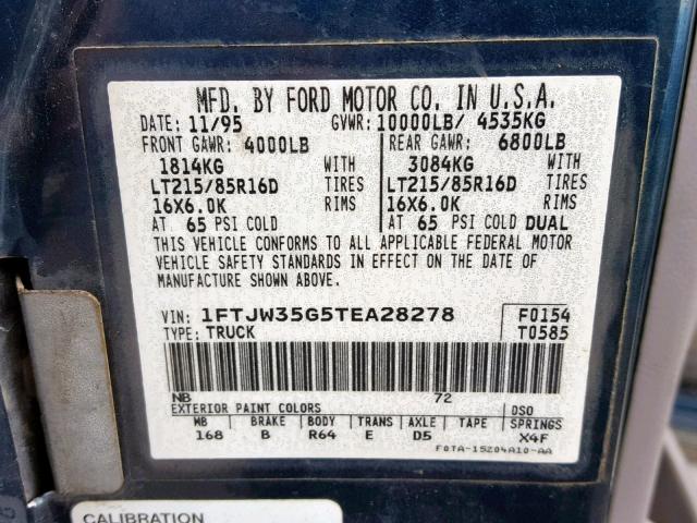 1FTJW35G5TEA28278 - 1996 FORD F350 BLUE photo 10