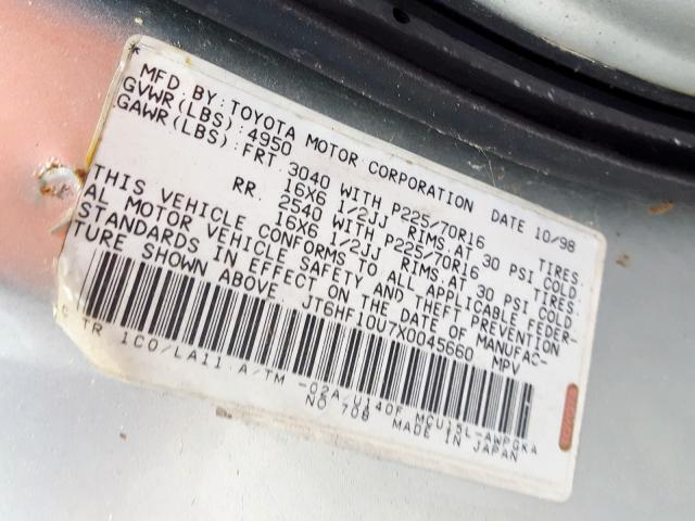 JT6HF10U7X0045660 - 1999 LEXUS RX 300 SILVER photo 10