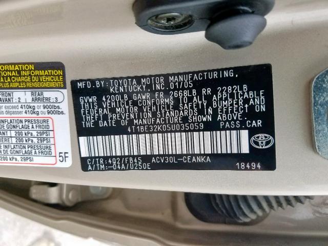 4T1BE32K05U035059 - 2005 TOYOTA CAMRY LE GOLD photo 10