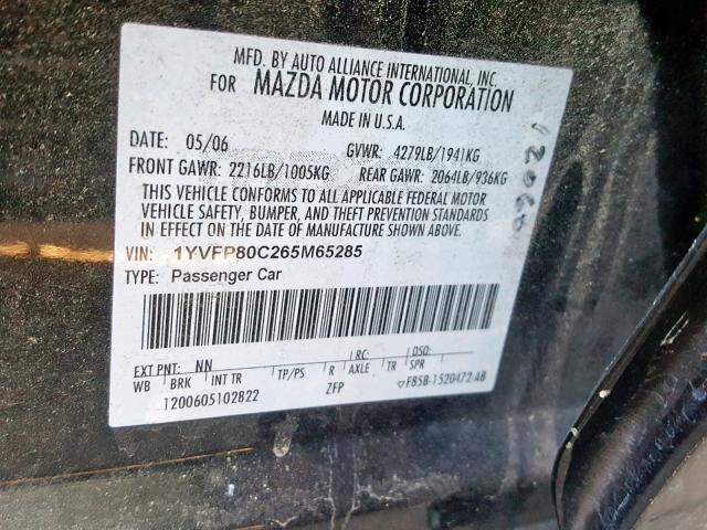 1YVFP80C265M65285 - 2006 MAZDA 6 I BLACK photo 10