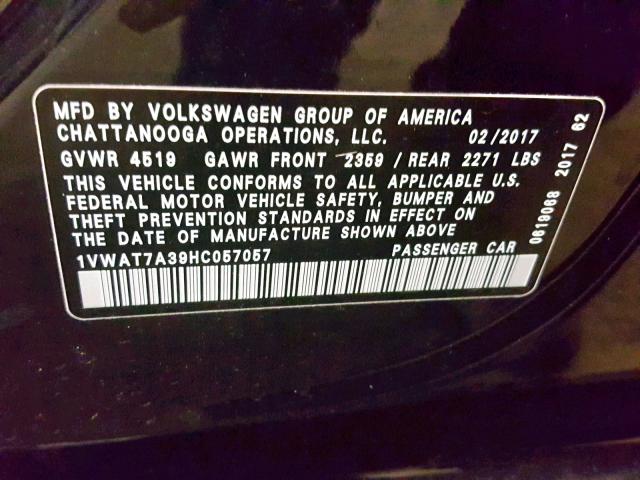 1VWAT7A39HC057057 - 2017 VOLKSWAGEN PASSAT S BLACK photo 10