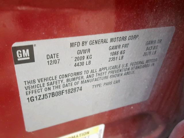 1G1ZJ57B08F182874 - 2008 CHEVROLET MALIBU 2LT MAROON photo 10