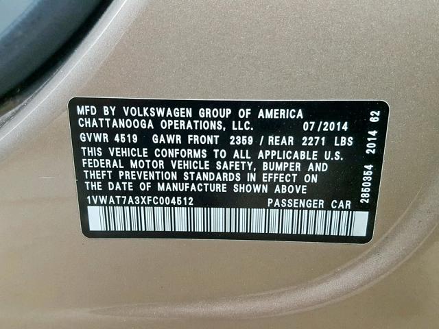 1VWAT7A3XFC004512 - 2015 VOLKSWAGEN PASSAT S BEIGE photo 10