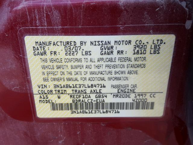 3N1AB61E37L684716 - 2007 NISSAN SENTRA 2.0 RED photo 10