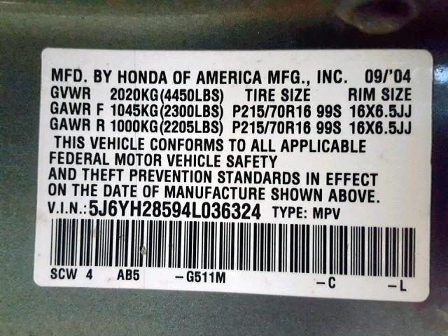 5J6YH28594L036324 - 2004 HONDA ELEMENT EX GREEN photo 10