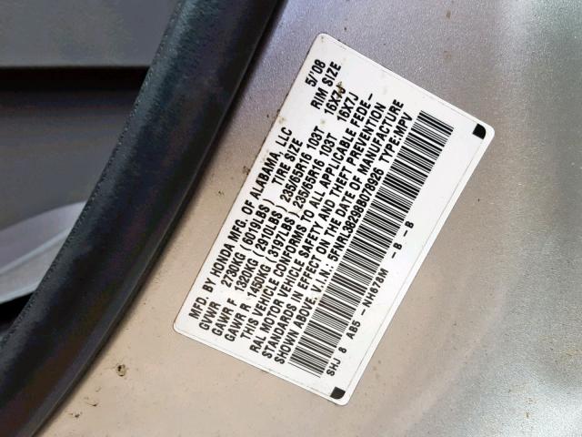 5FNRL38298B078926 - 2008 HONDA ODYSSEY LX SILVER photo 10