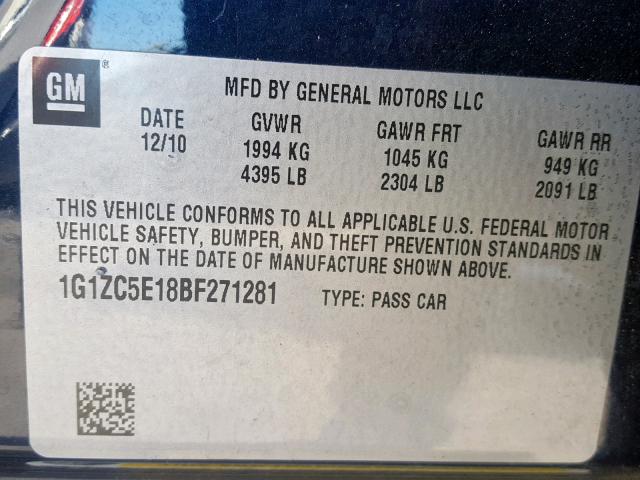 1G1ZC5E18BF271281 - 2011 CHEVROLET MALIBU 1LT BLUE photo 10