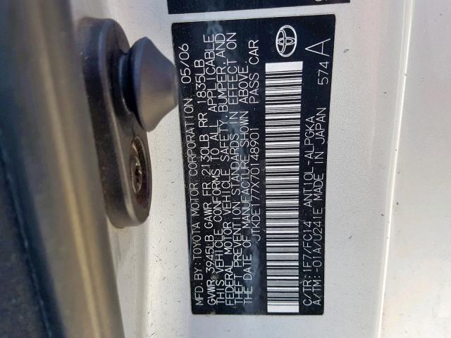 JTKDE177X70148901 - 2007 TOYOTA SCION TC ვერცხლისფერი ფოტო 10