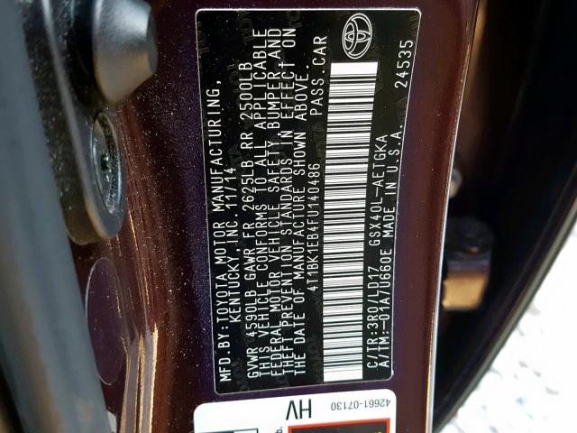 4T1BK1EB4FU140486 - 2015 TOYOTA AVALON XLE BLACK photo 10