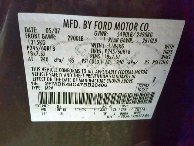 2FMDK48C47BB20406 - 2007 FORD EDGE SEL BLUE photo 10