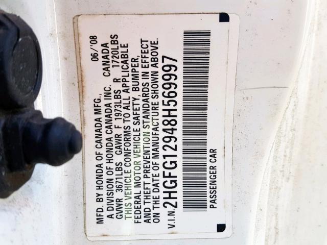 2HGFG12948H569997 - 2008 HONDA CIVIC EXL WHITE photo 10