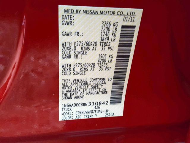 1N6AA0EC8BN310842 - 2011 NISSAN TITAN S RED photo 10