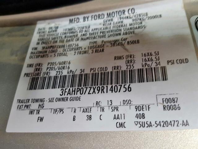 3FAHP07ZX9R140756 - 2009 FORD FUSION SE TAN photo 10