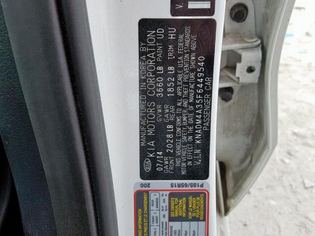 KNADM4A35F6449540 - 2015 KIA RIO LX WHITE photo 10