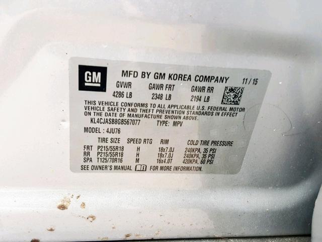 KL4CJASB8GB567077 - 2016 BUICK ENCORE SILVER photo 10